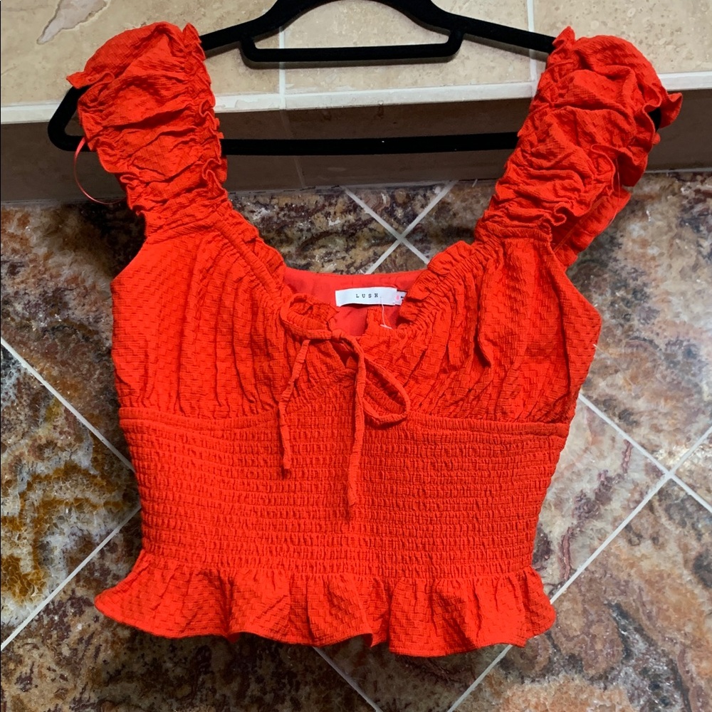 Lush Red Ruffled Smocked Sweetheart Neckline Candy Red Tie-Front Crop Top Size S - Picture 3 of 10